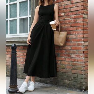 Smocked Drop Waist Midi Length Sleeveless Black Dress (M)